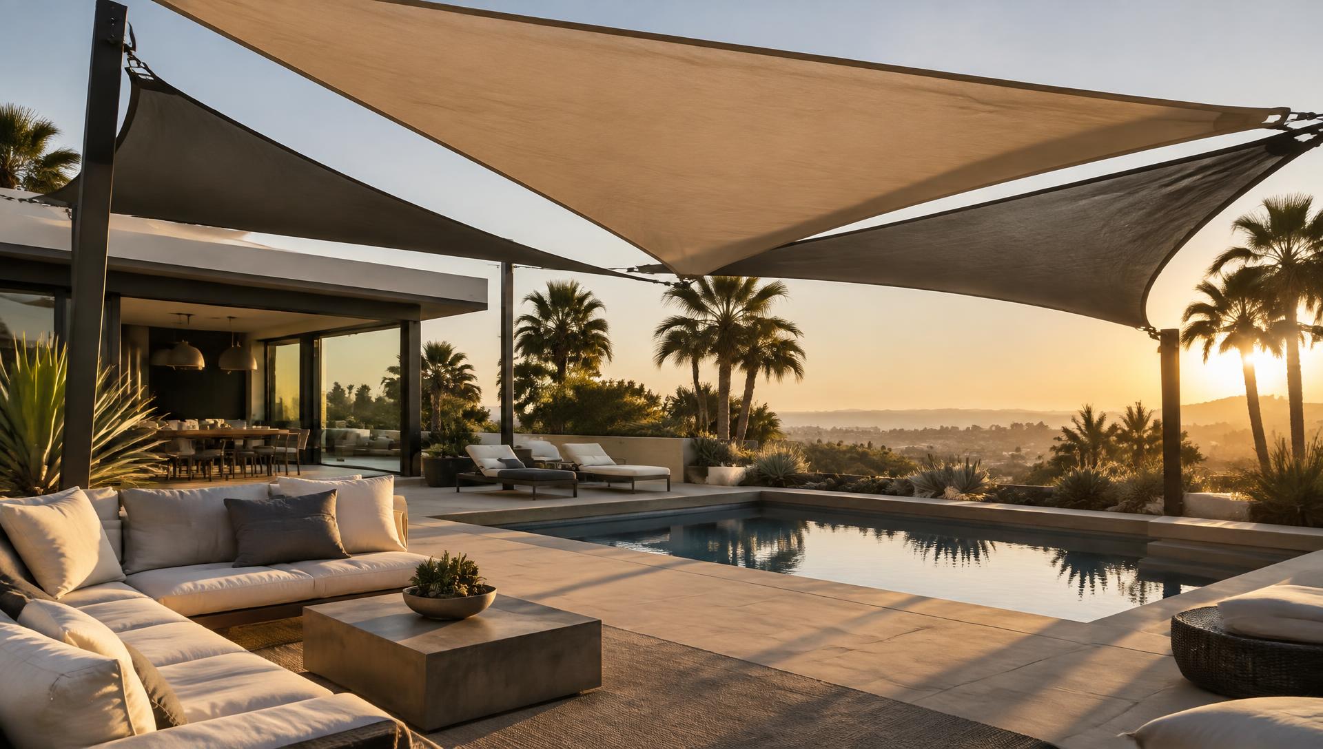 Custom shade sails stretched over a Southern California backyard patio and pool at golden hour