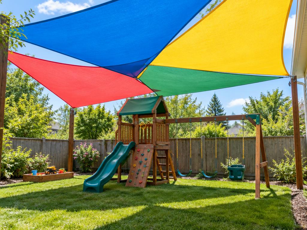 Overlapping colorful shade sails covering a backyard children's play area