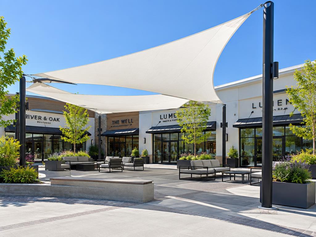 White architectural shade sails over a commercial storefront courtyard seating area