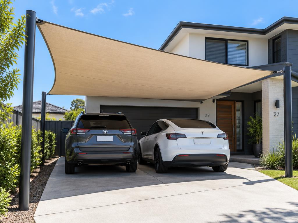 Shade sail carport protecting two cars in a residential driveway