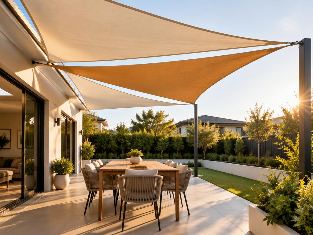 Custom triangular shade sails over a residential patio dining area in Southern California