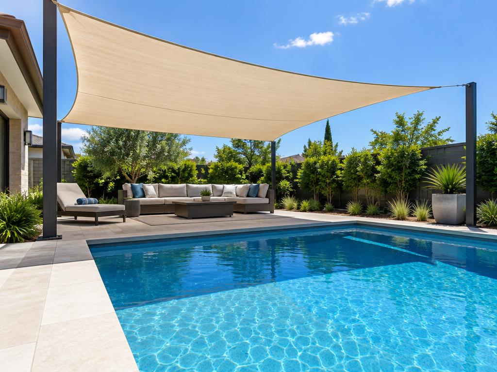 Sand-colored pool shade sail shading a backyard swimming pool lounge area