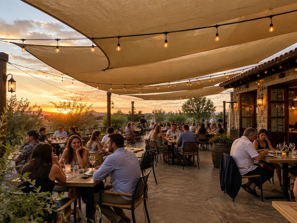 Large shade sails over a restaurant outdoor dining patio with string lights
